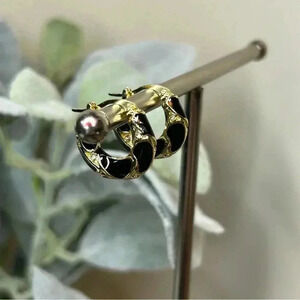 18K Gold Plated Black Enamel Hoop Earrings with Little Rhinestone Accents